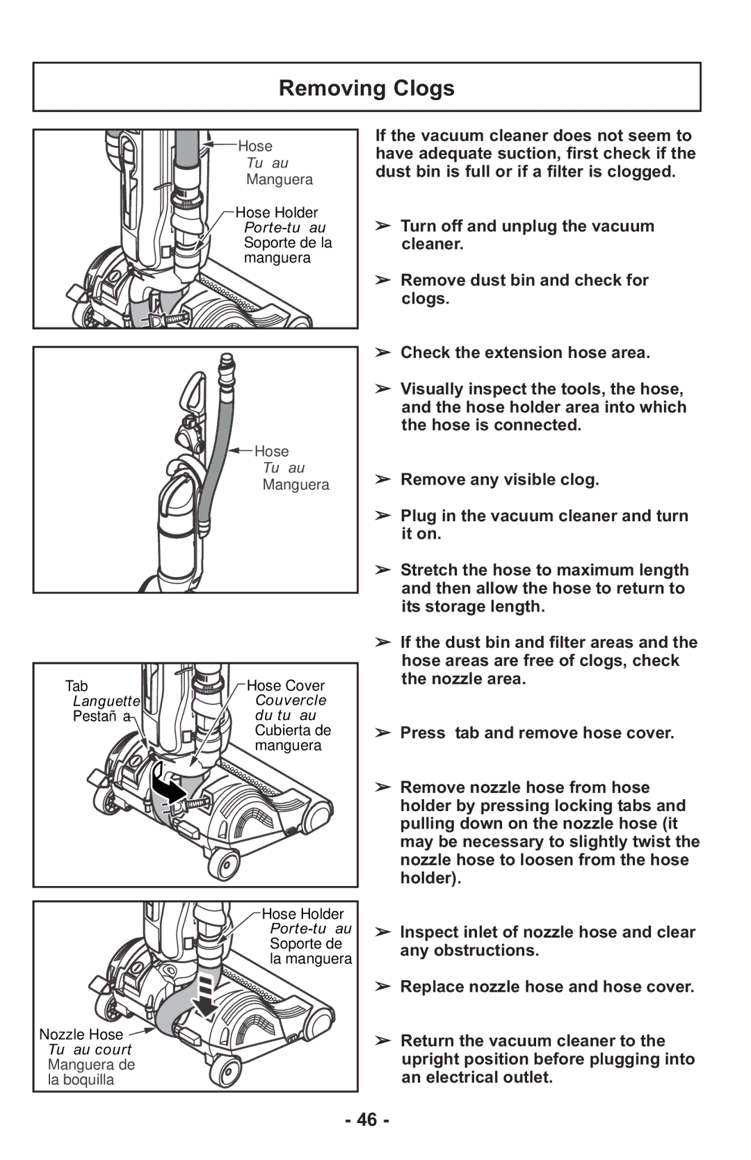 Panasonic MCUL815 operating instructions Removing Clogs 