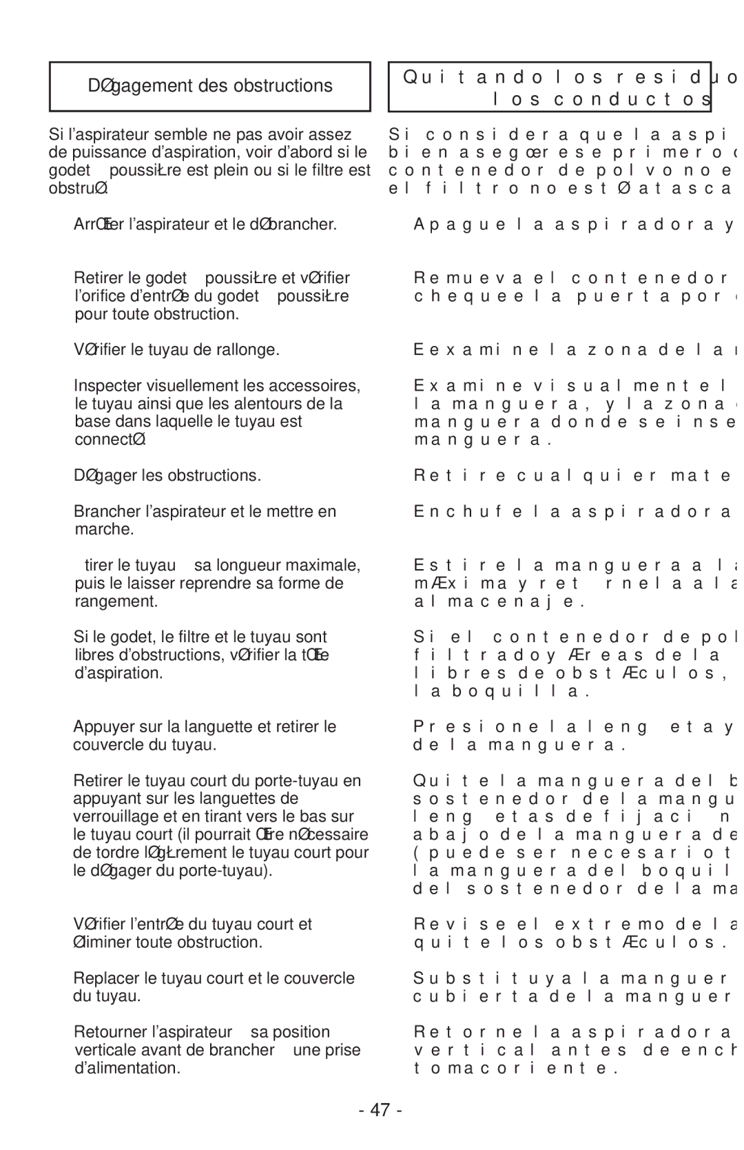 Panasonic MCUL815 operating instructions Dégagement des obstructions, Quitando los residuos de basura en Los conductos 