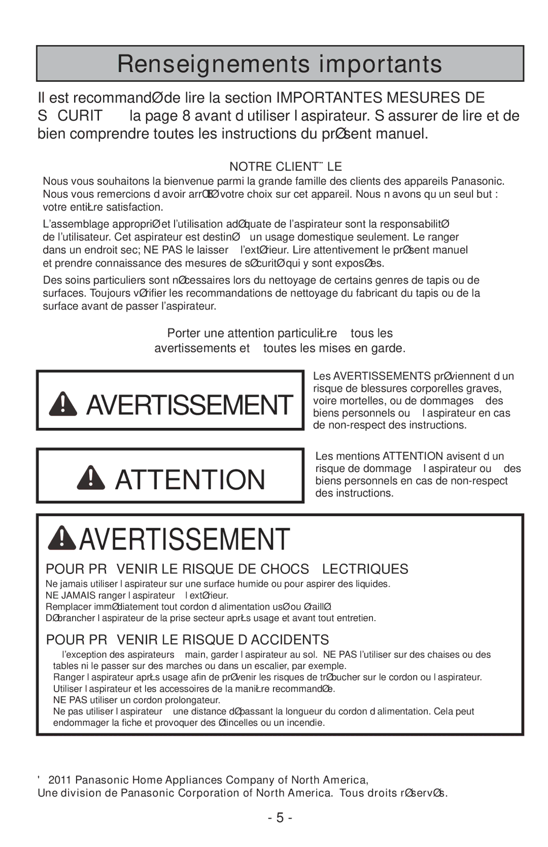 Panasonic MCUL815 operating instructions Avertissement 