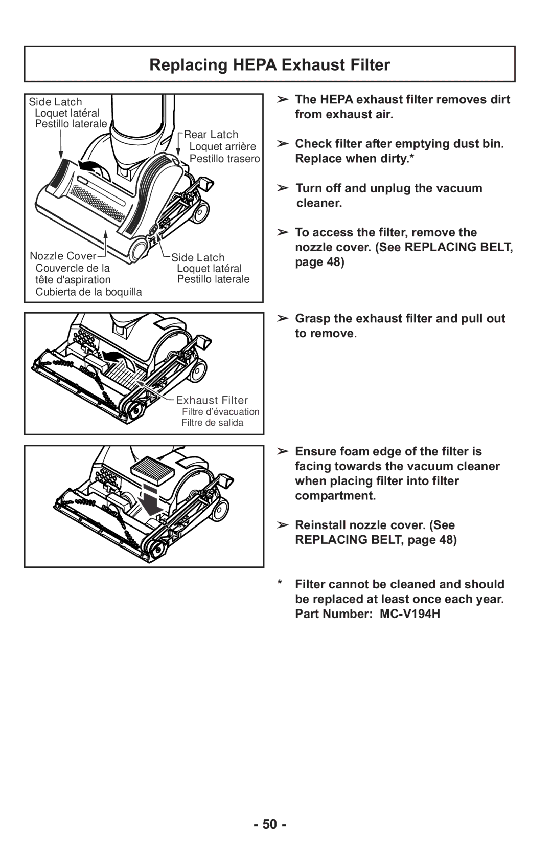 Panasonic MCUL815 operating instructions Replacing Hepa Exhaust Filter 