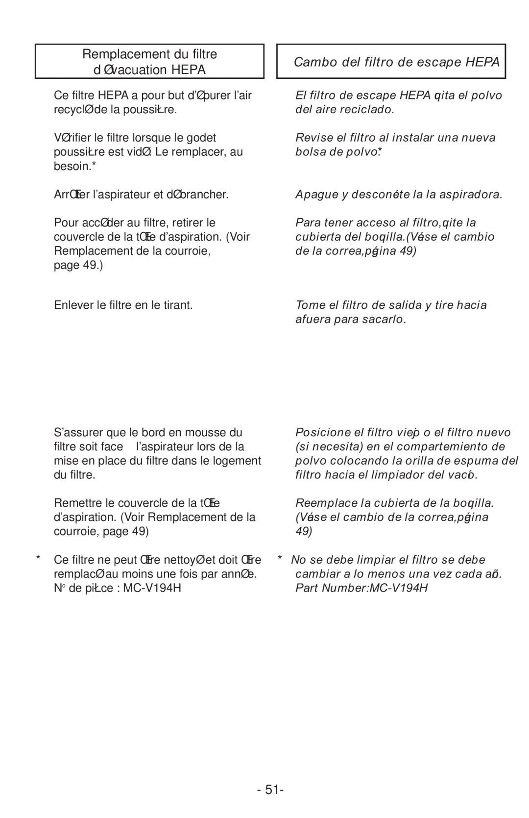 Panasonic MCUL815 operating instructions Remplacement du filtre ’évacuation Hepa, Cambo del filtro de escape Hepa 