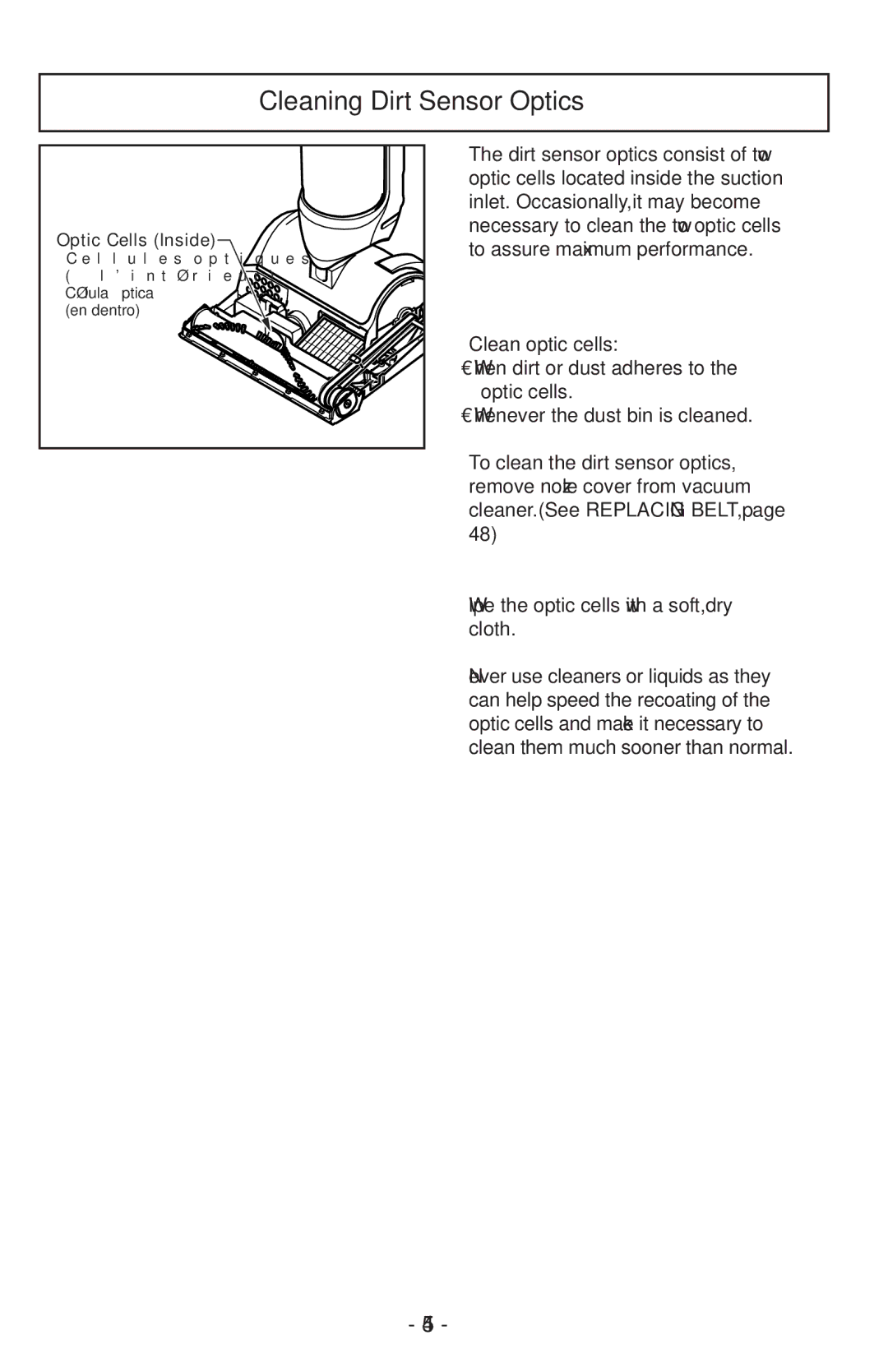 Panasonic MCUL815 operating instructions Cleaning Dirt Sensor Optics 