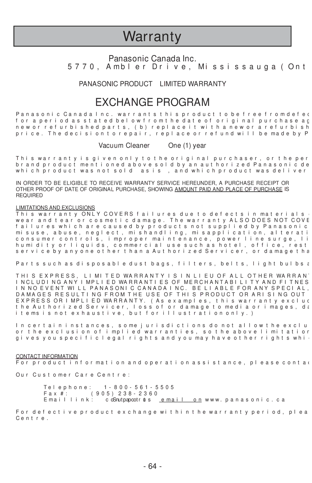 Panasonic MCUL815 operating instructions Exchange Program, 5770, Ambler Drive, Mississauga Ontario L4W 2T3 