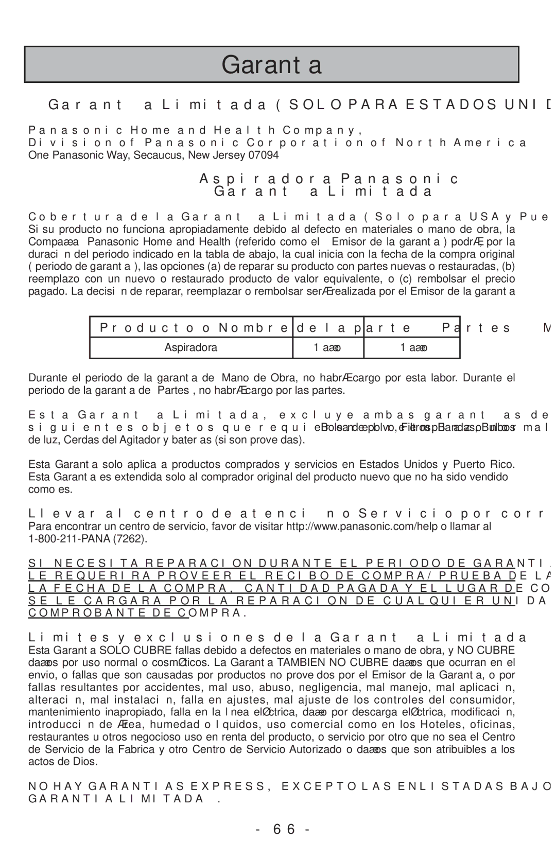 Panasonic MCUL815 operating instructions Garantía 