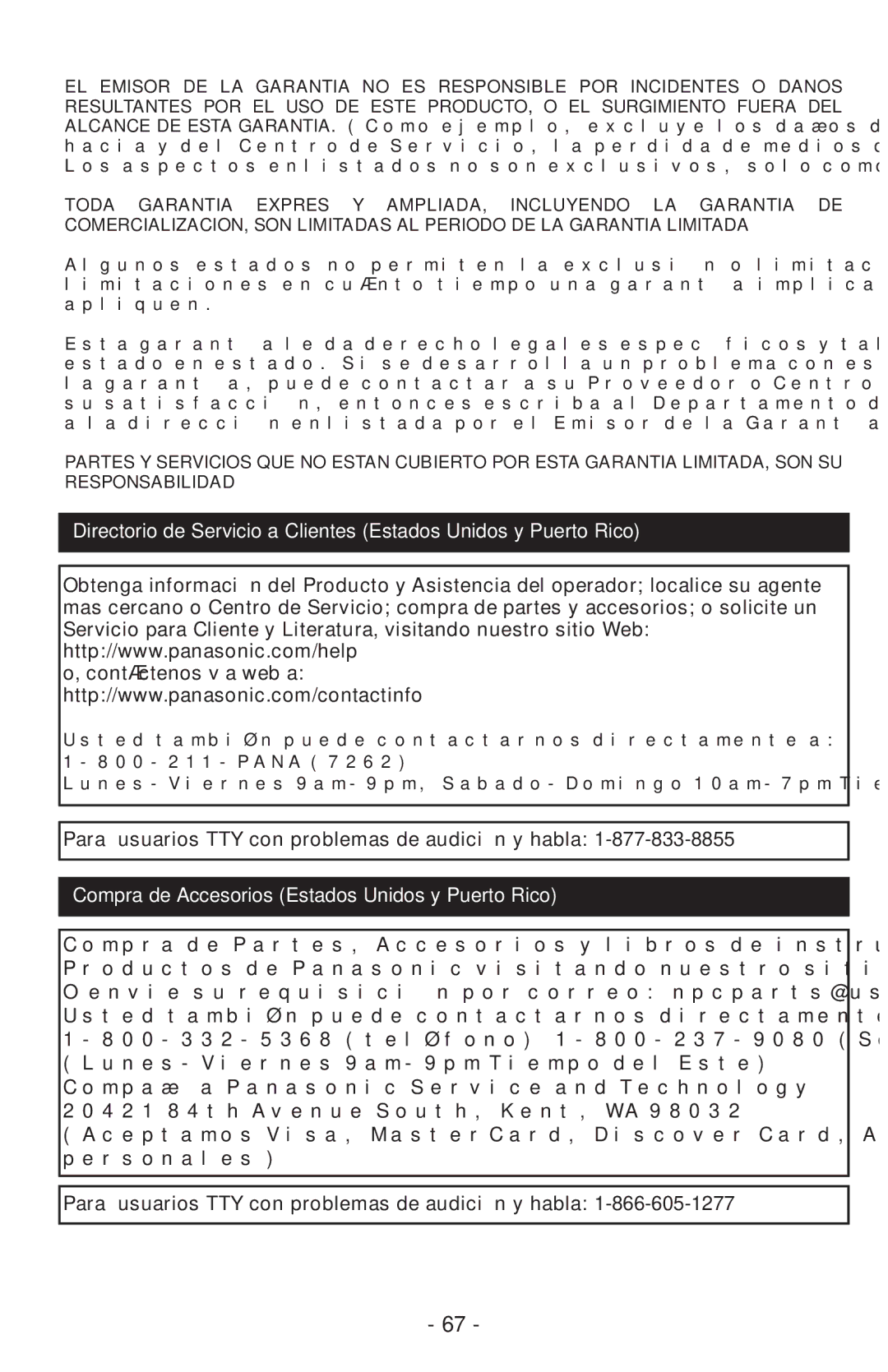 Panasonic MCUL815 operating instructions Compra de Accesorios Estados Unidos y Puerto Rico 