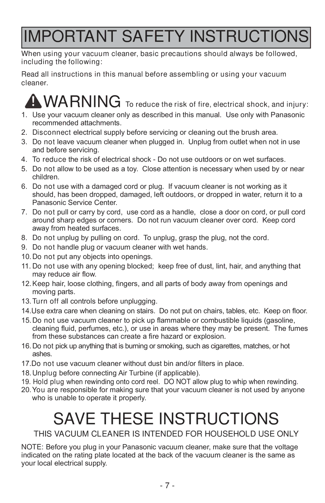 Panasonic MCUL815 operating instructions Important Safety Instructions 