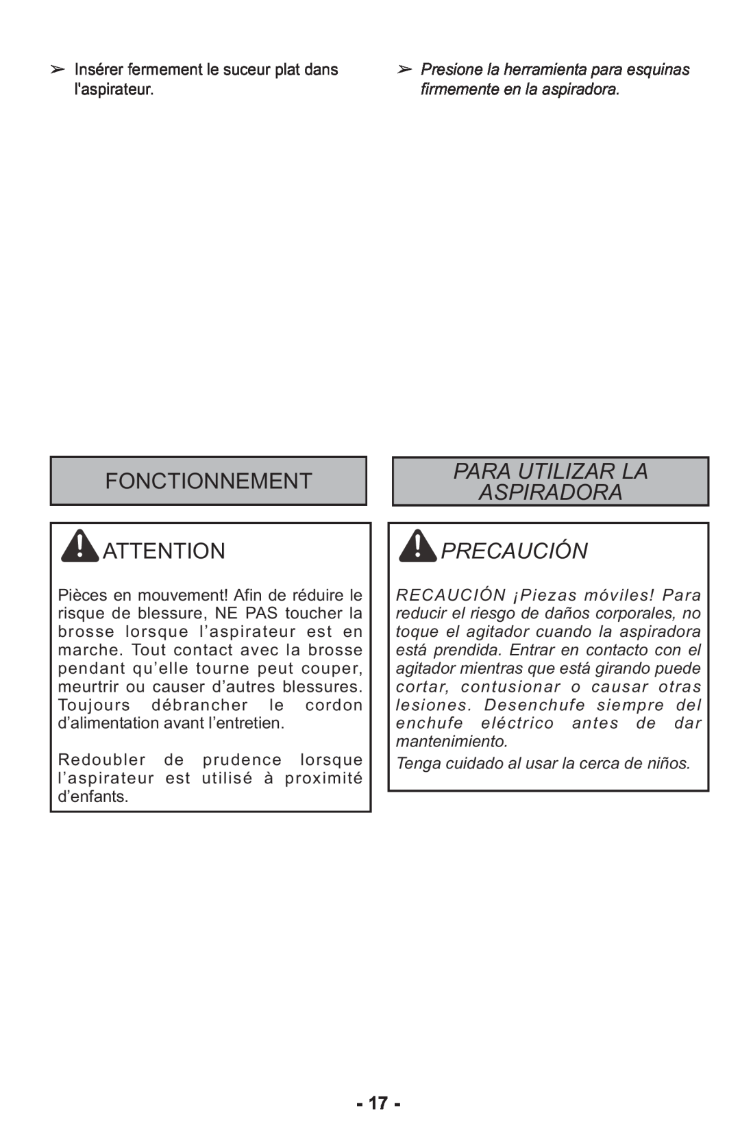 Panasonic MCUL815 operating instructions Fonctionnement, Para Utilizar La Aspiradora Precaución 