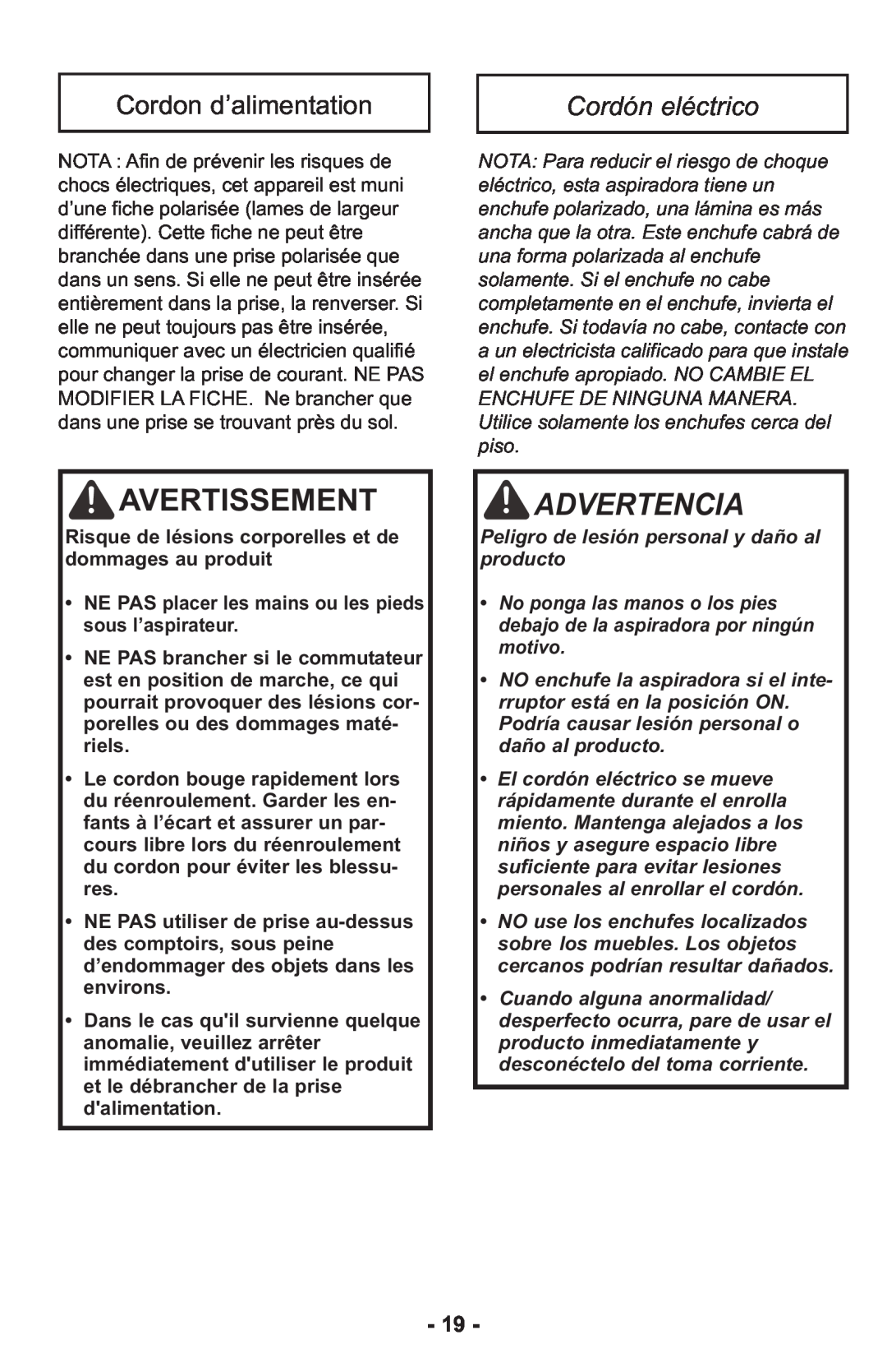 Panasonic MCUL815 operating instructions Avertissement, Advertencia, Cordon d’alimentation, Cordón eléctrico 