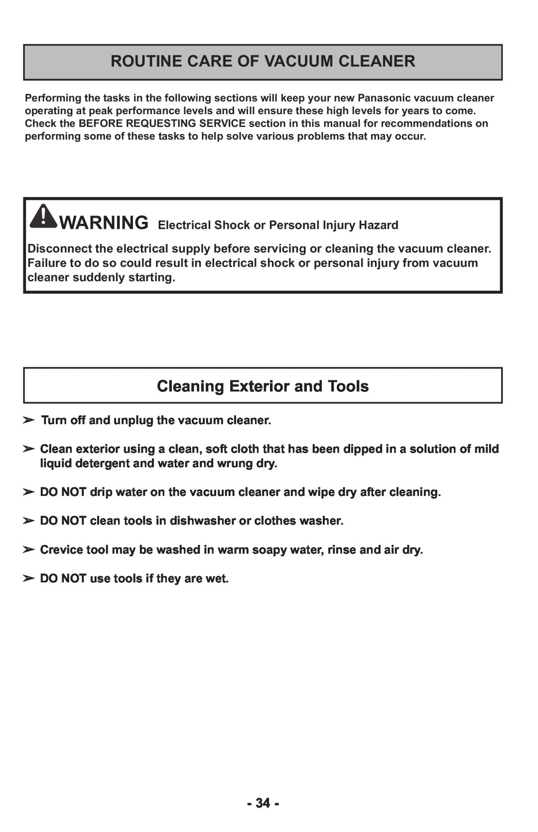 Panasonic MCUL815 operating instructions Routine Care Of Vacuum Cleaner, Cleaning Exterior and Tools 