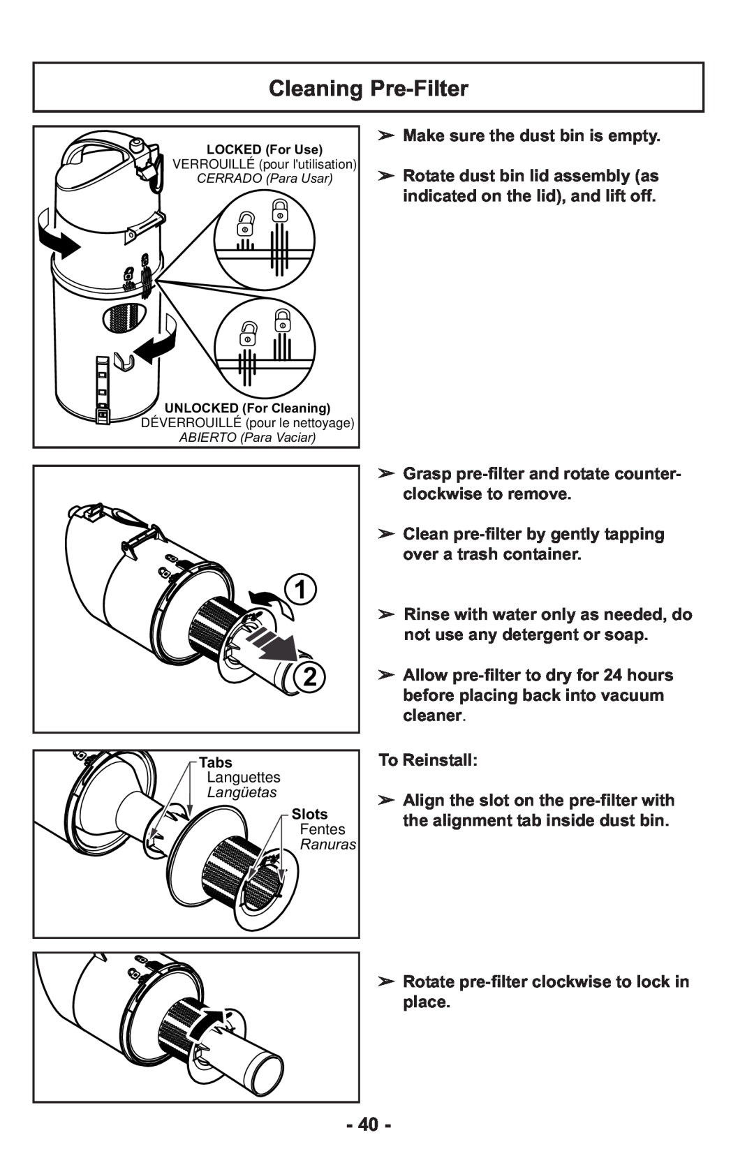 Panasonic MCUL815 operating instructions Cleaning Pre-Filter 