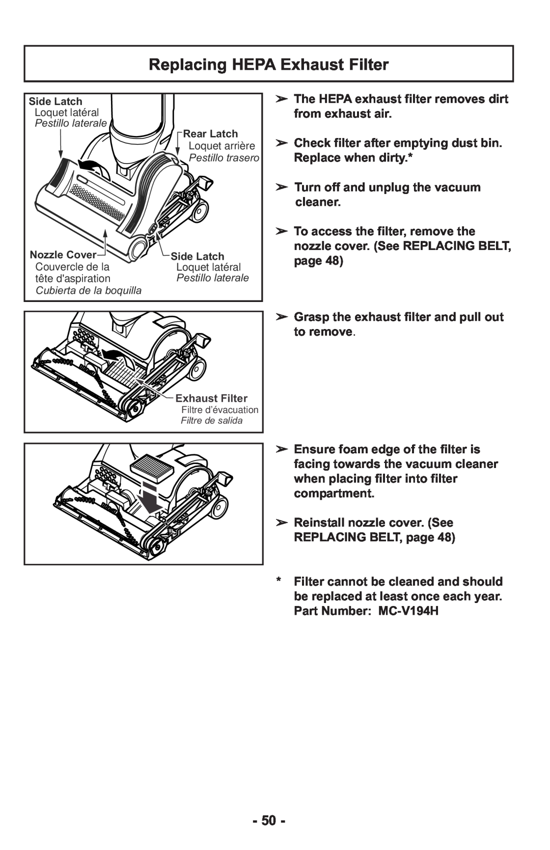 Panasonic MCUL815 operating instructions Replacing HEPA Exhaust Filter 