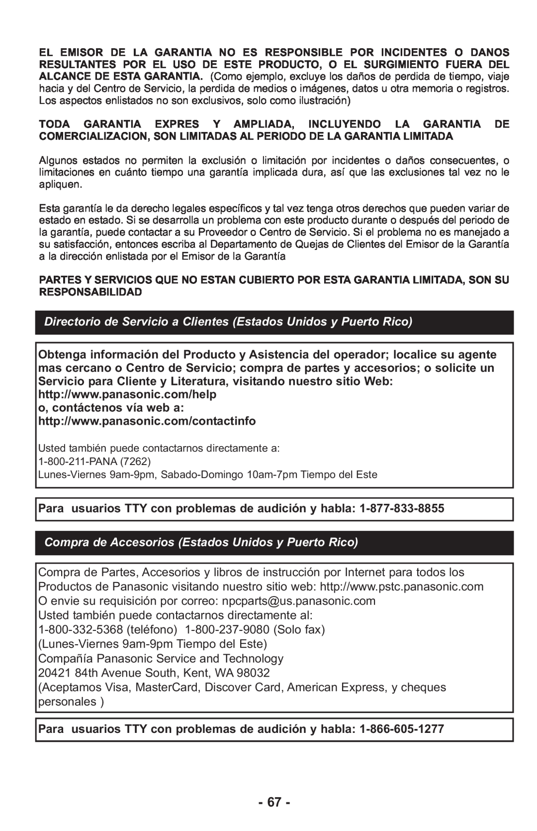 Panasonic MCUL815 operating instructions Compra de Accesorios Estados Unidos y Puerto Rico 