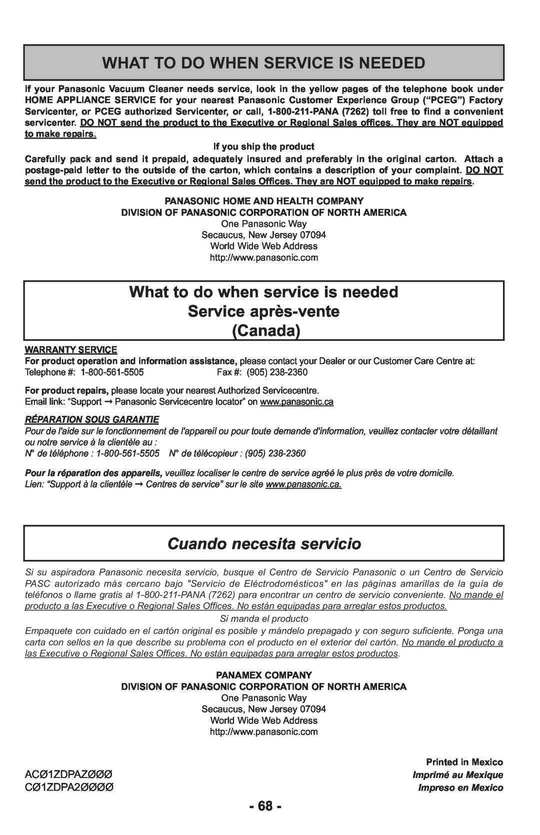 Panasonic MCUL815 What To Do When Service Is Needed, What to do when service is needed, Service après-venteCanada 