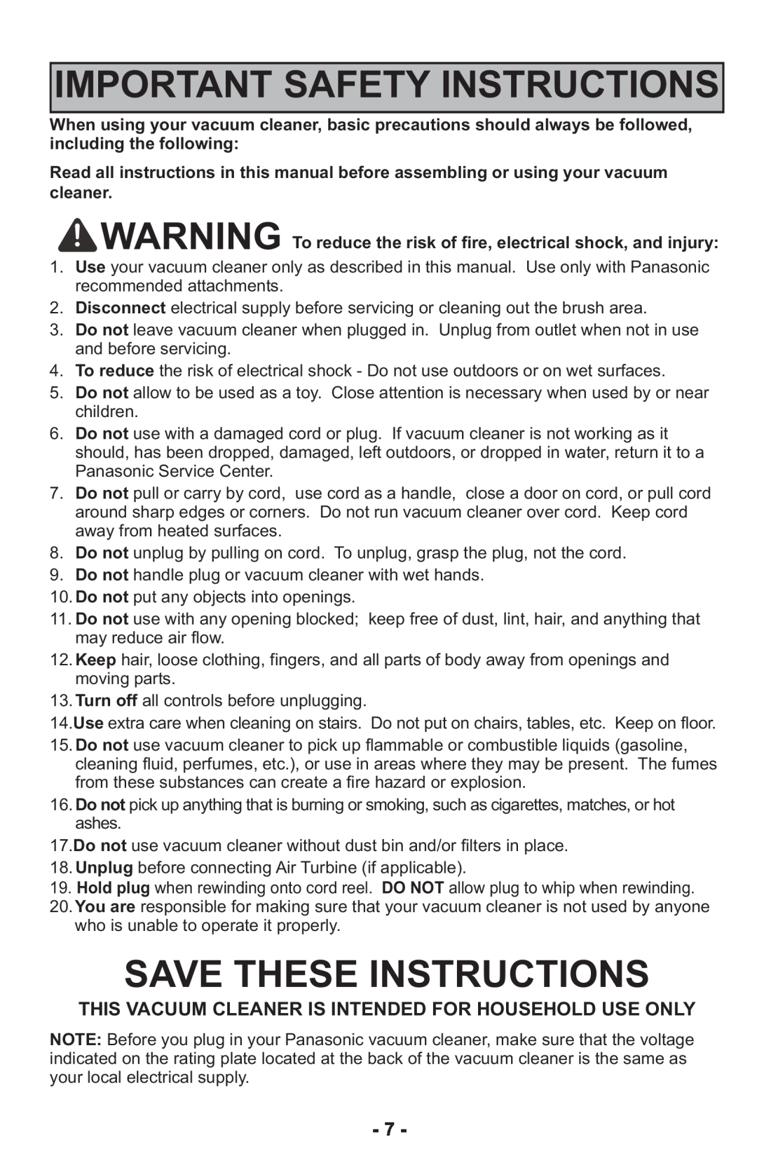 Panasonic MCUL815 operating instructions Important Safety Instructions, Save These Instructions 