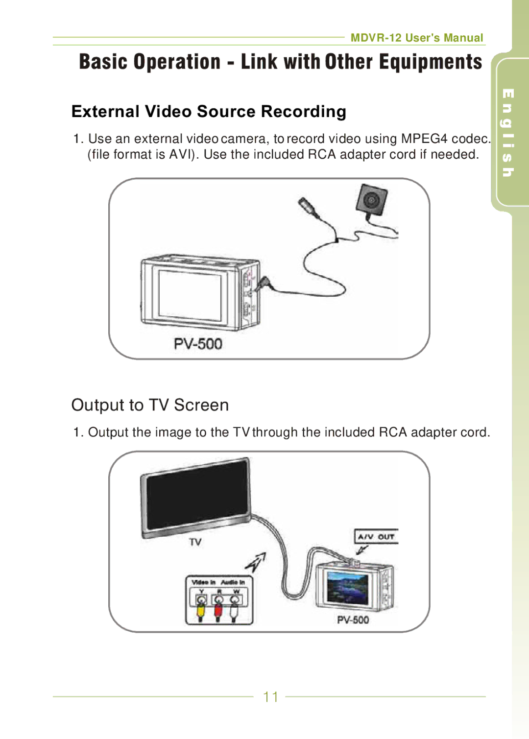 Panasonic MDVR-12 user manual Basic Operation Link with Other Equipments, Output to TV Screen 