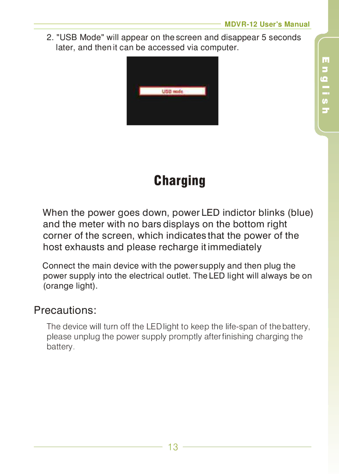 Panasonic MDVR-12 user manual Charging, Precautions 