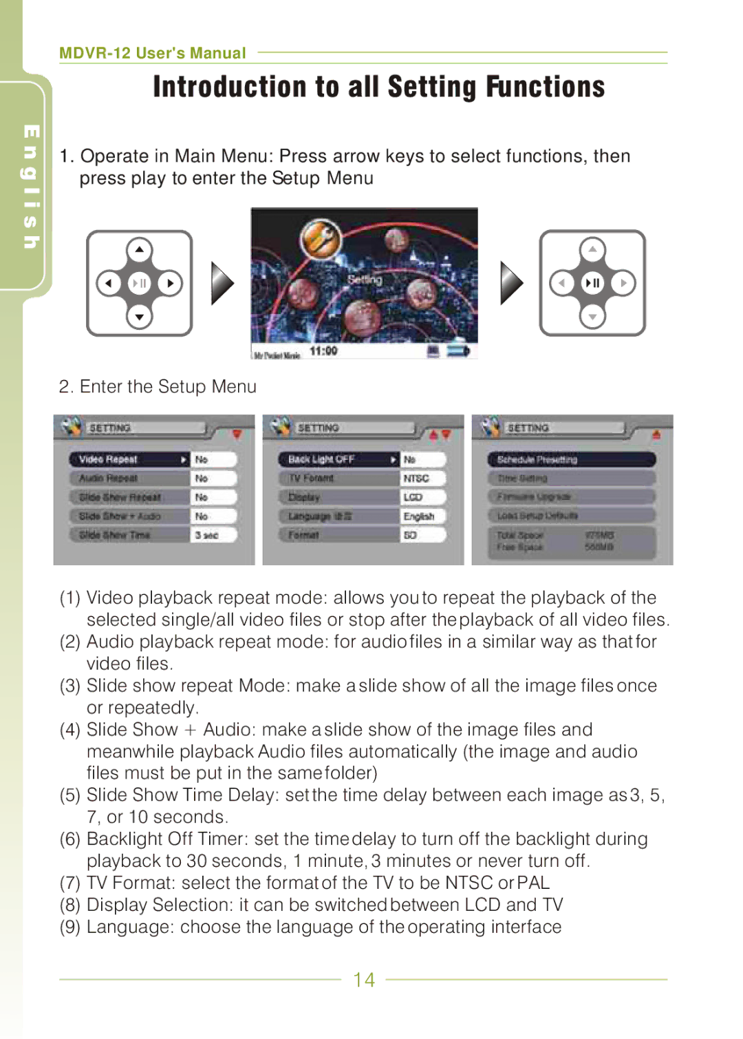 Panasonic MDVR-12 user manual Introduction to all Setting Functions 