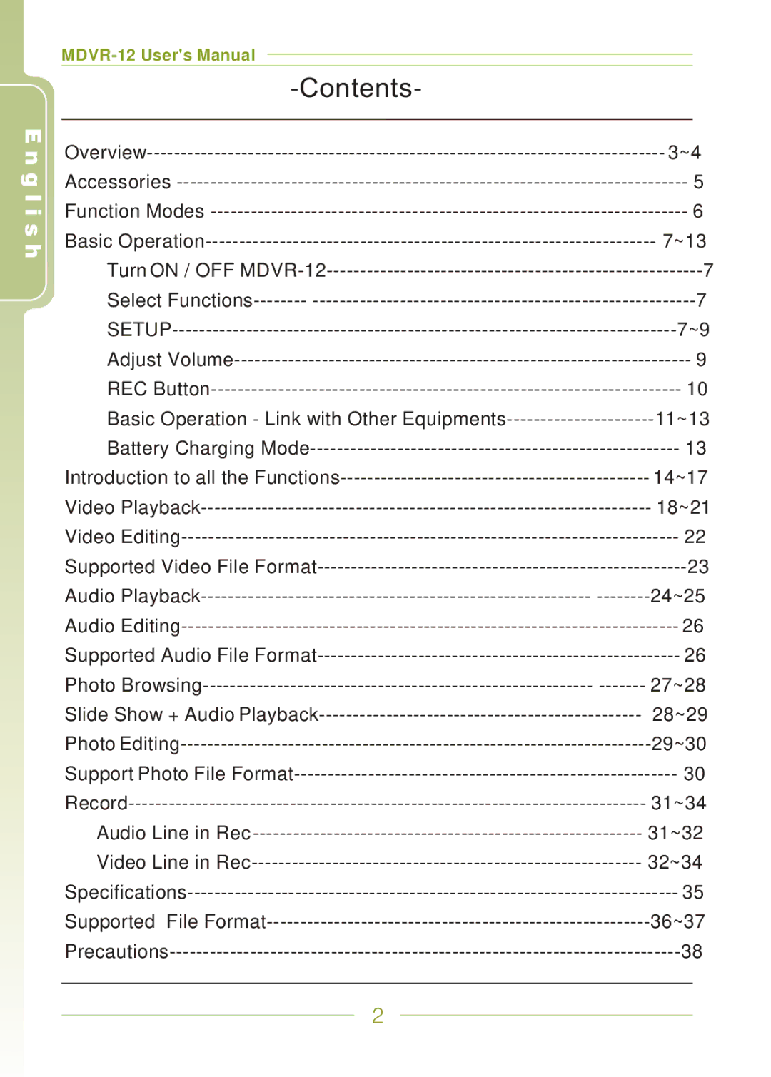 Panasonic MDVR-12 user manual Contents 