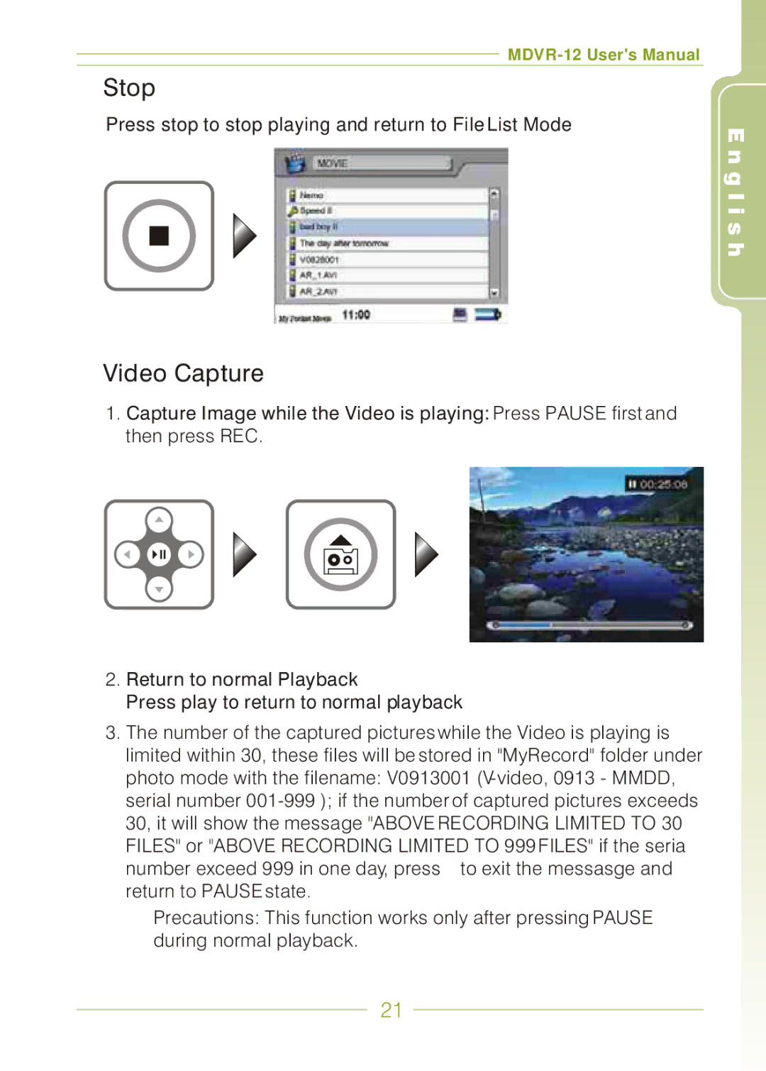 Panasonic MDVR-12 user manual Stop, Video Capture 