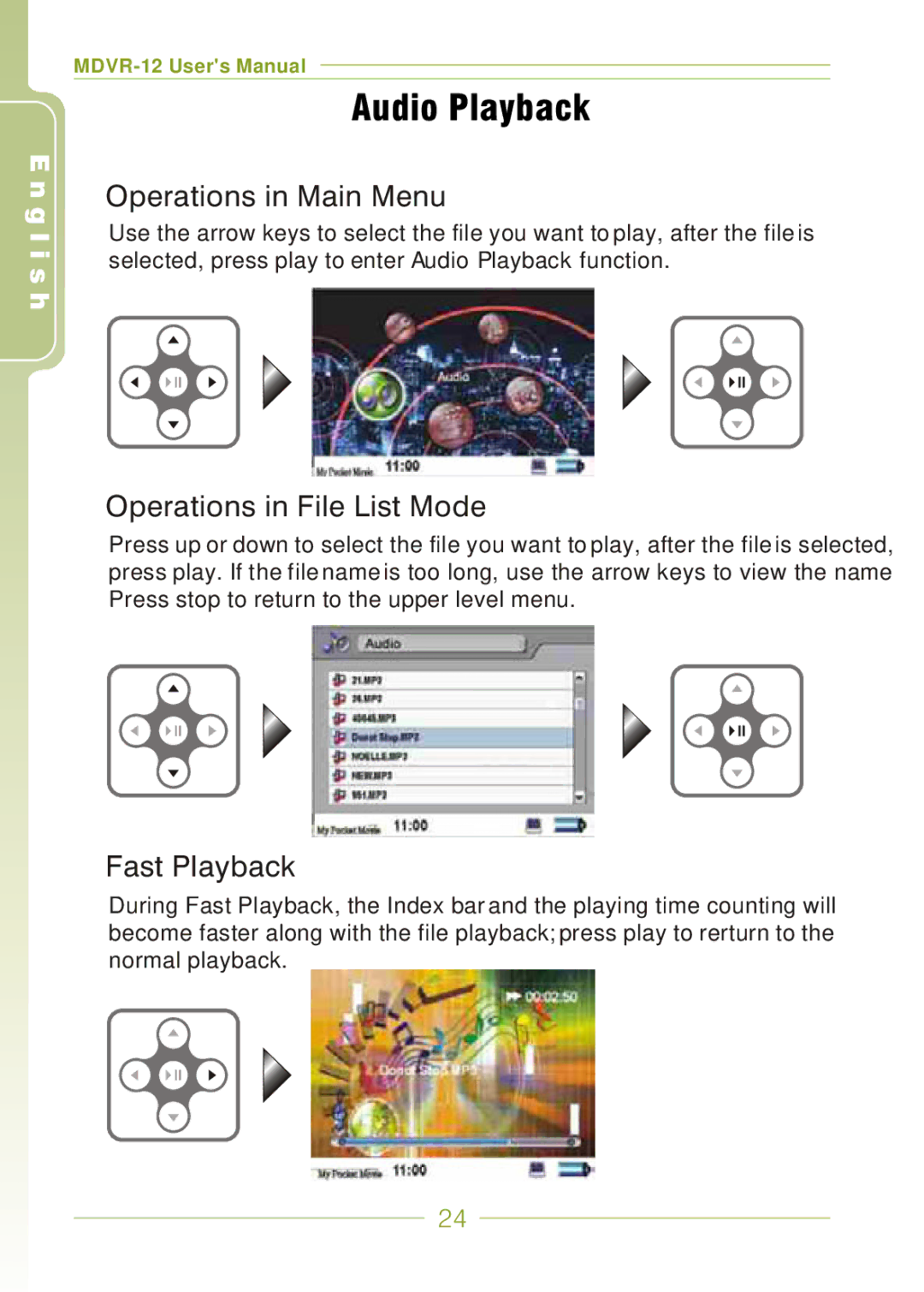 Panasonic MDVR-12 user manual Audio Playback 