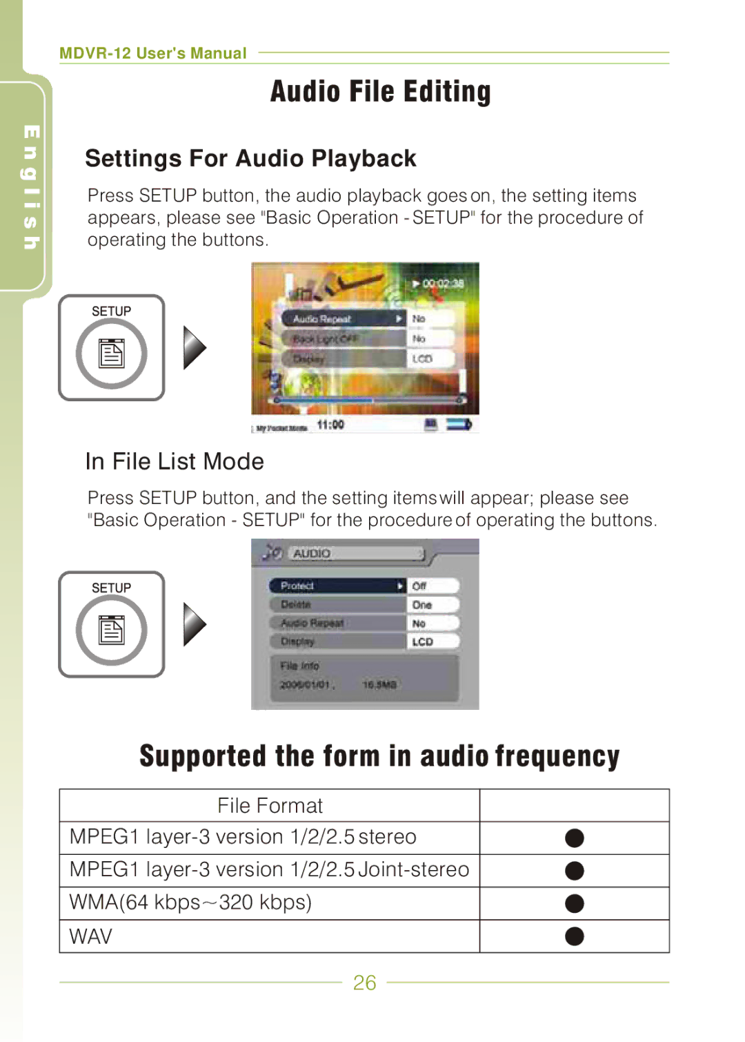 Panasonic MDVR-12 user manual Audio File Editing, Supported the form in audio frequency 