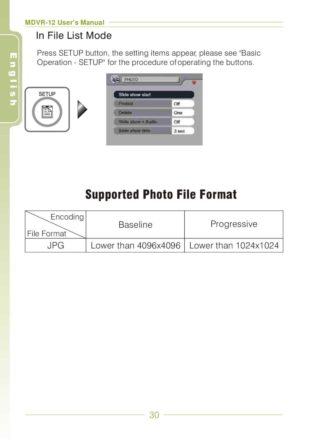 Panasonic MDVR-12 user manual Supported Photo File Format, File List Mode 