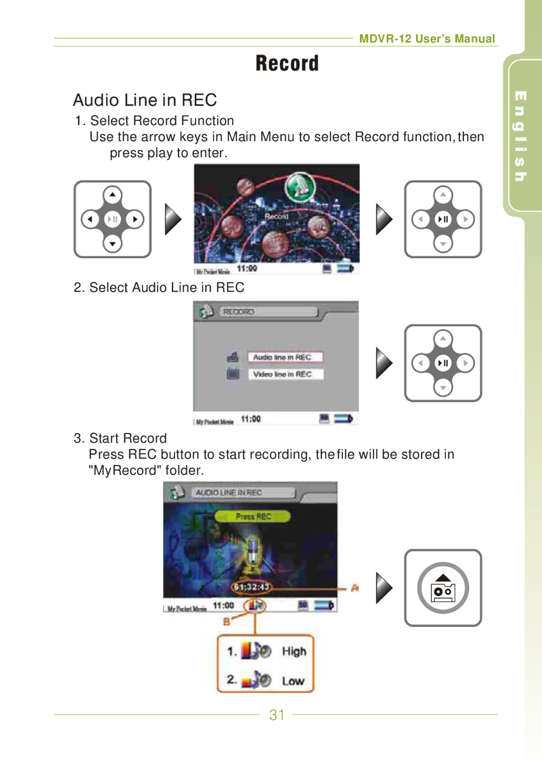 Panasonic MDVR-12 user manual Record, Audio Line in REC 