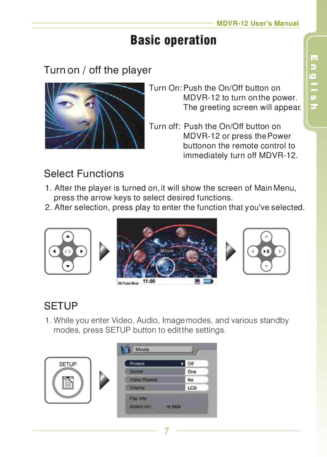 Panasonic MDVR-12 user manual Basic operation, Turn on / off the player, Select Functions 