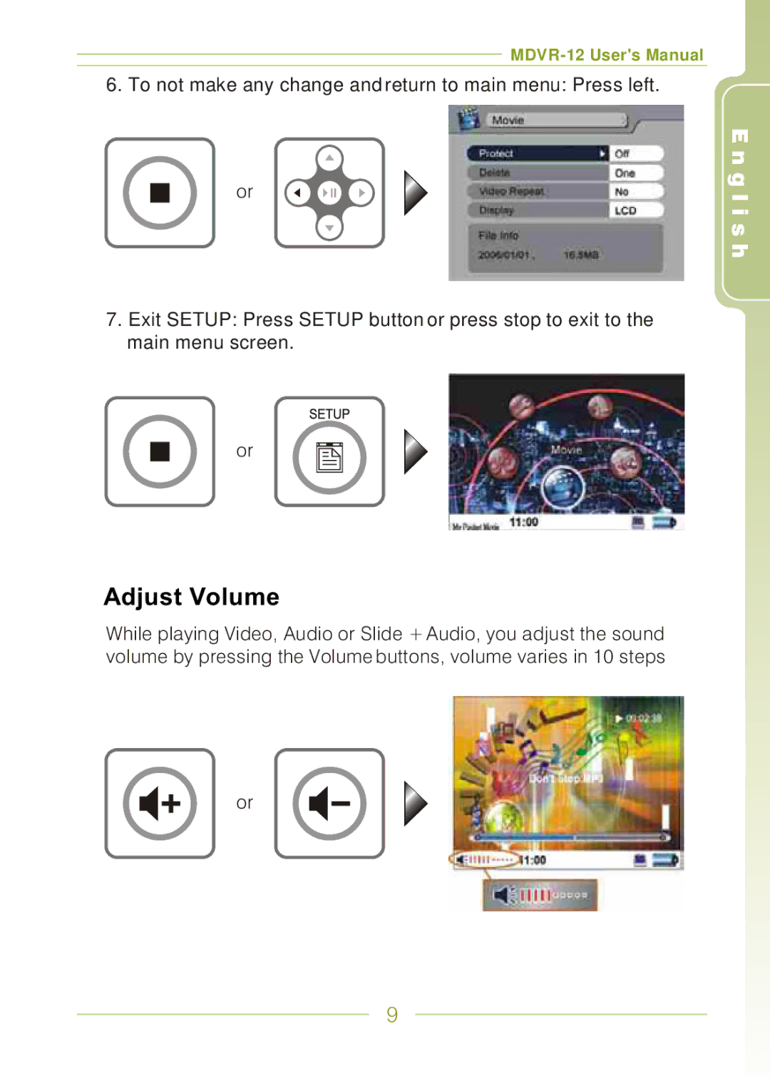 Panasonic MDVR-12 user manual Adjust Volume 