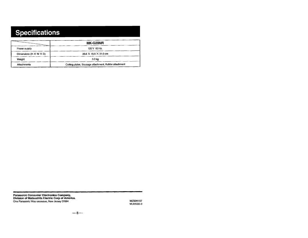 Panasonic MKG20NRW manual 