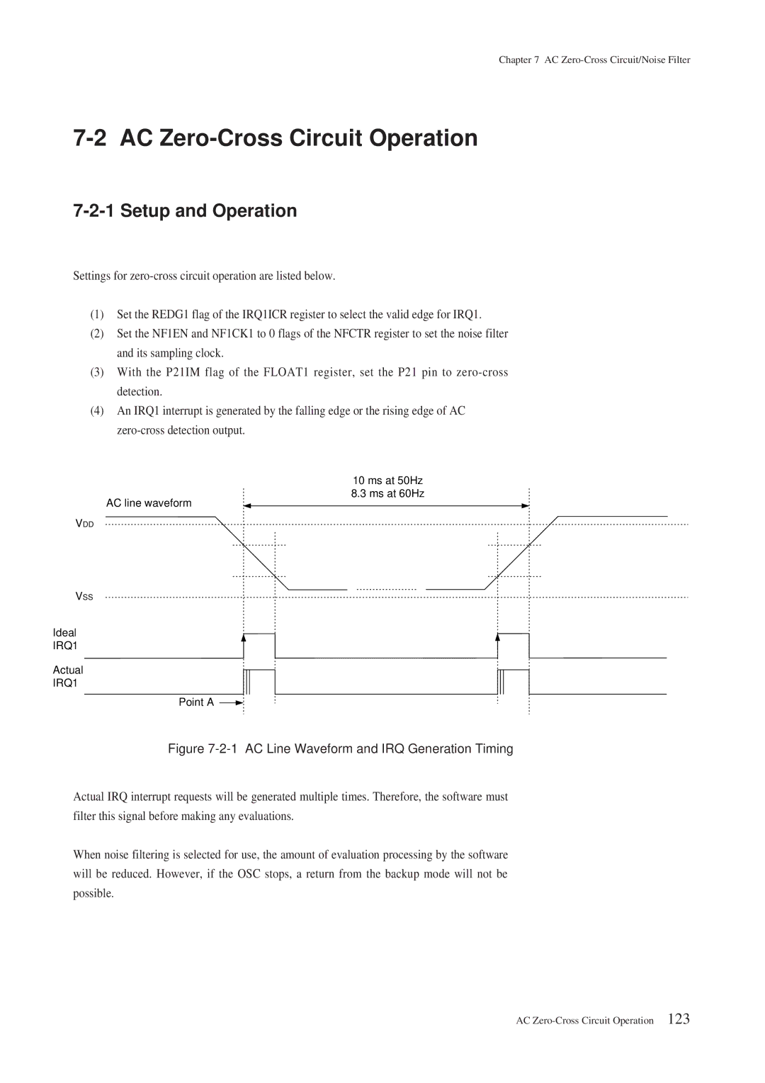 Panasonic MN101C00 user manual AC Zero-Cross Circuit Operation, AC Line Waveform and IRQ Generation Timing 