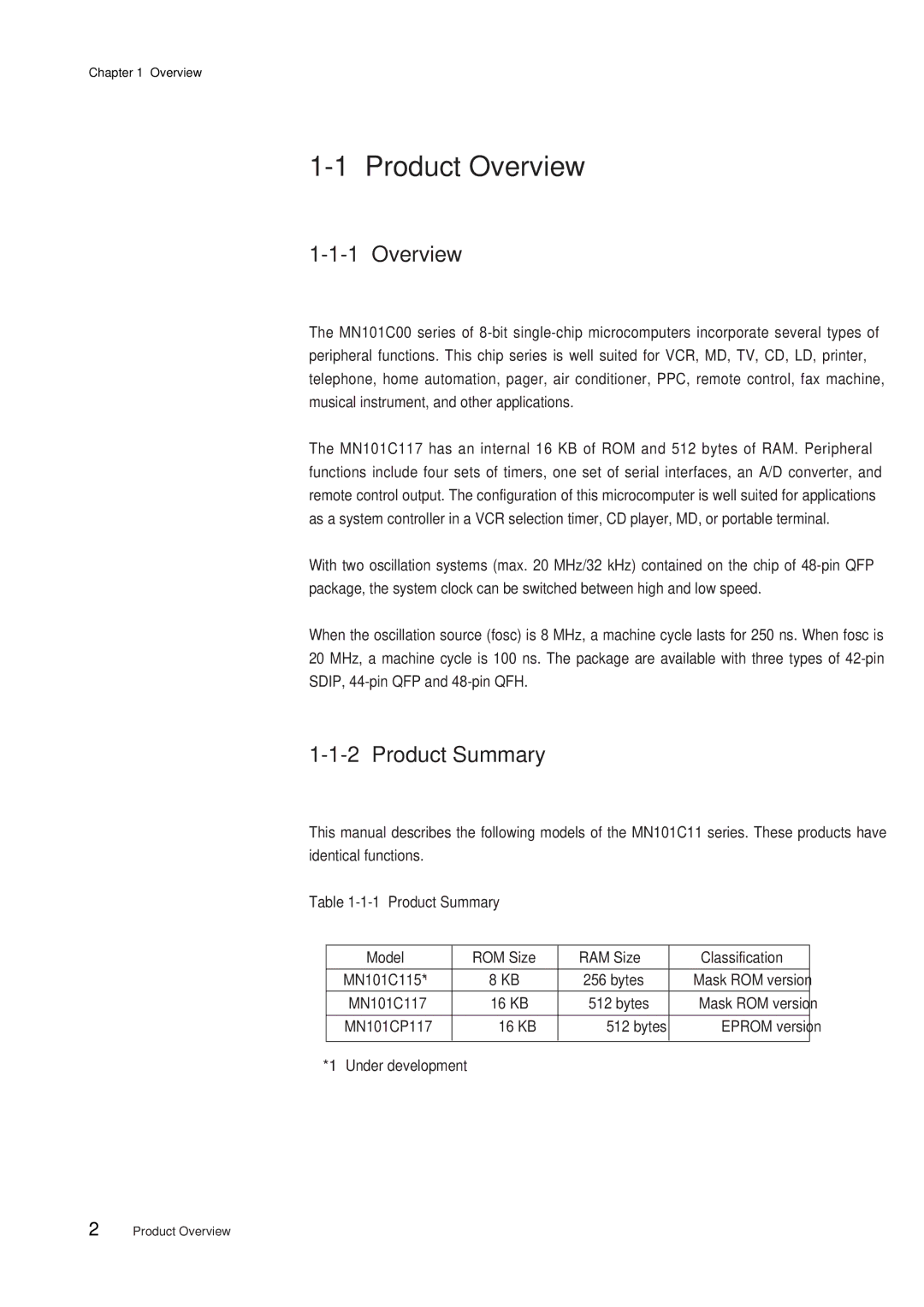 Panasonic MN101C00 user manual Product Overview, Product Summary, Model ROM Size RAM Size Classification 