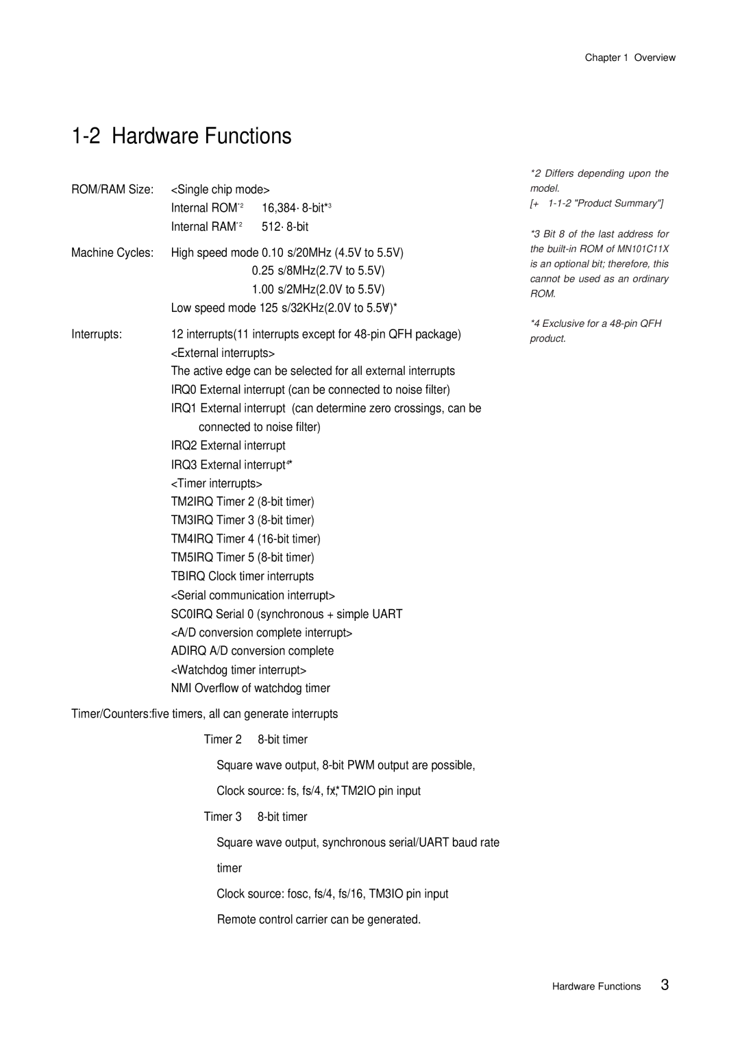 Panasonic MN101C00 user manual Hardware Functions 