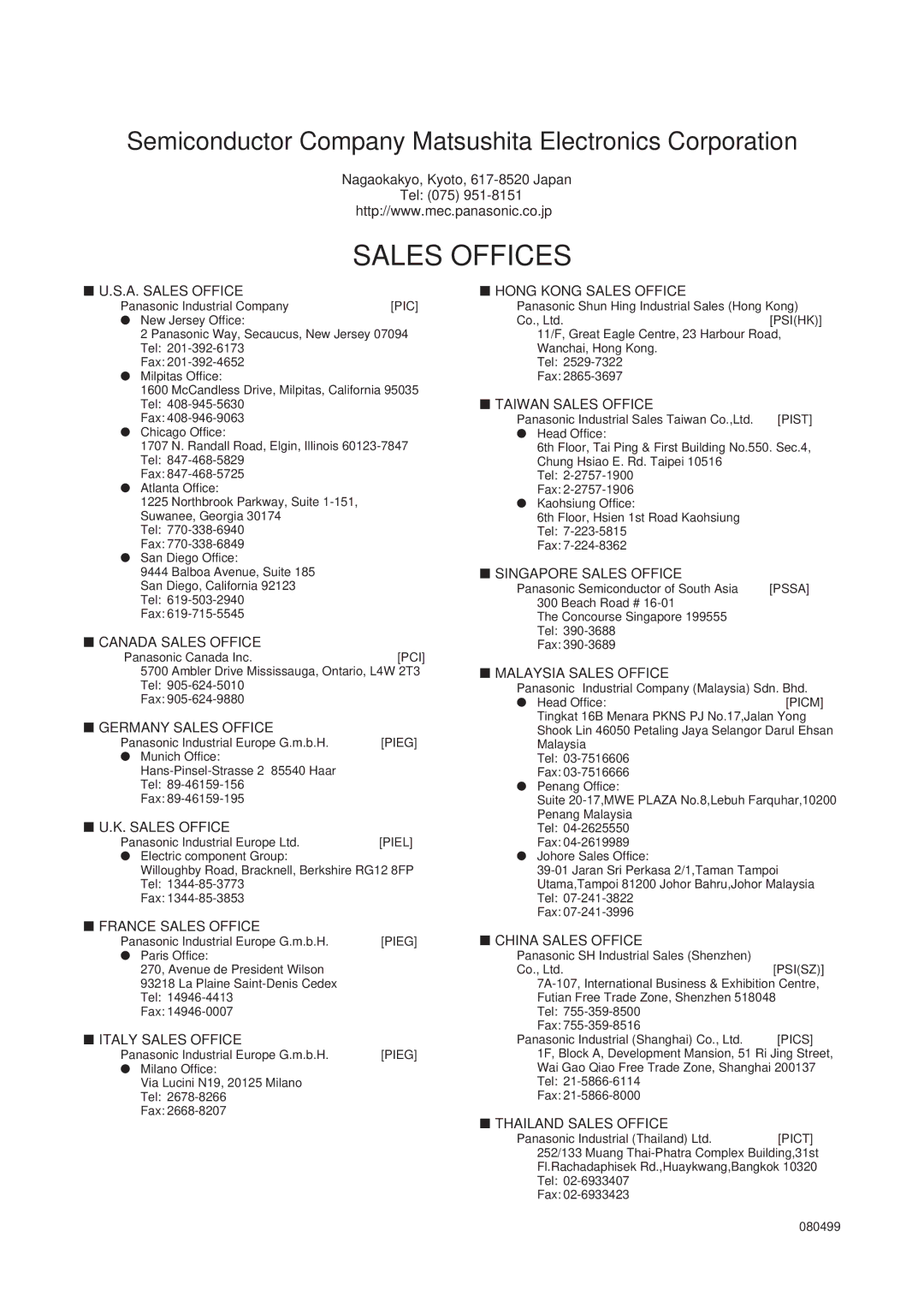 Panasonic MN101C00 user manual Sales Offices 