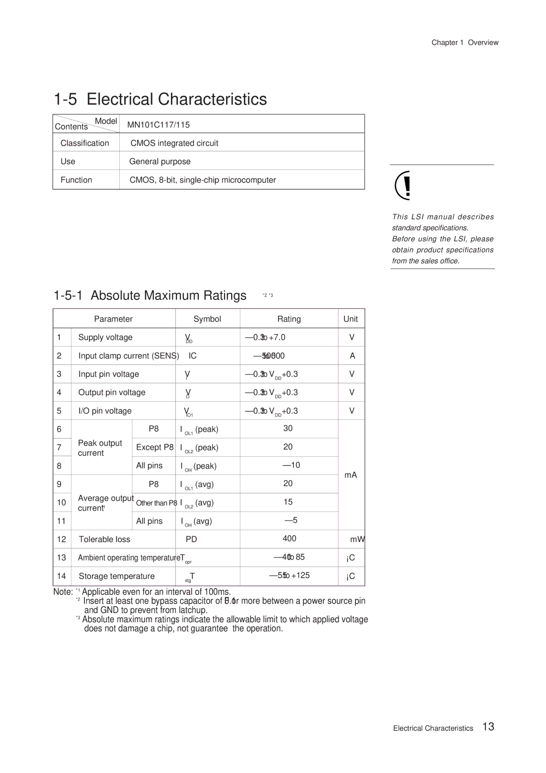 Panasonic MN101C00 user manual Electrical Characteristics, Absolute Maximum Ratings ∗2 ∗3, Contents Model MN101C117/115 