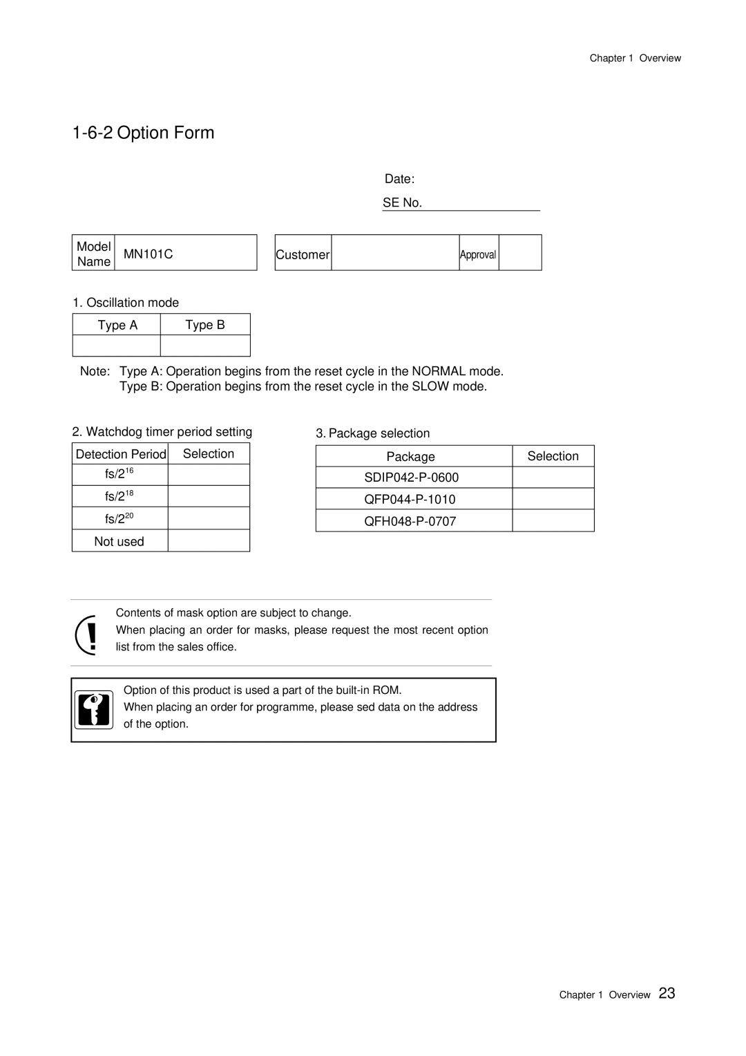 Panasonic MN101C00 user manual Option Form, Model Name MN101C Date SE No Customer 