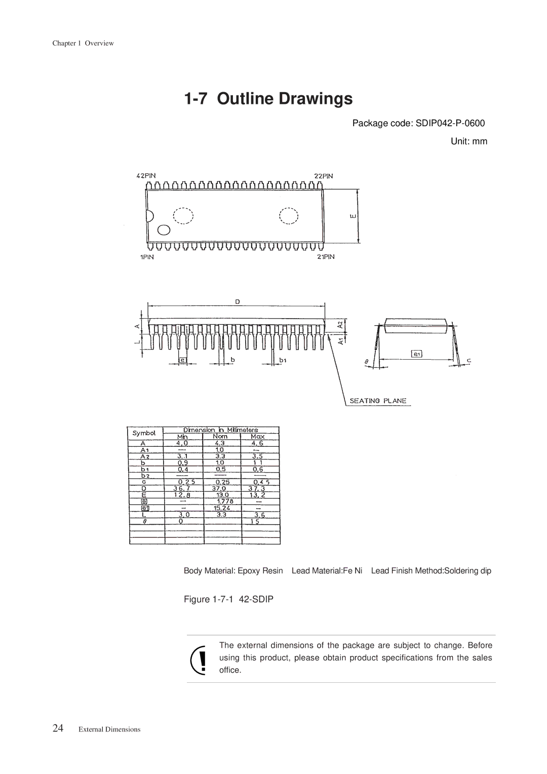 Panasonic MN101C00 user manual Outline Drawings, Package code SDIP042-P-0600 Unit mm 