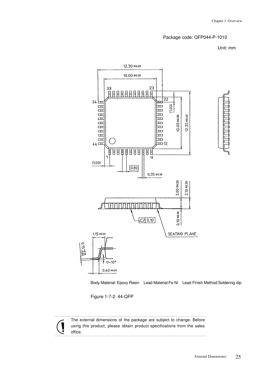 Panasonic MN101C00 user manual Package code QFP044-P-1010 Unit mm, 2 44-QFP 