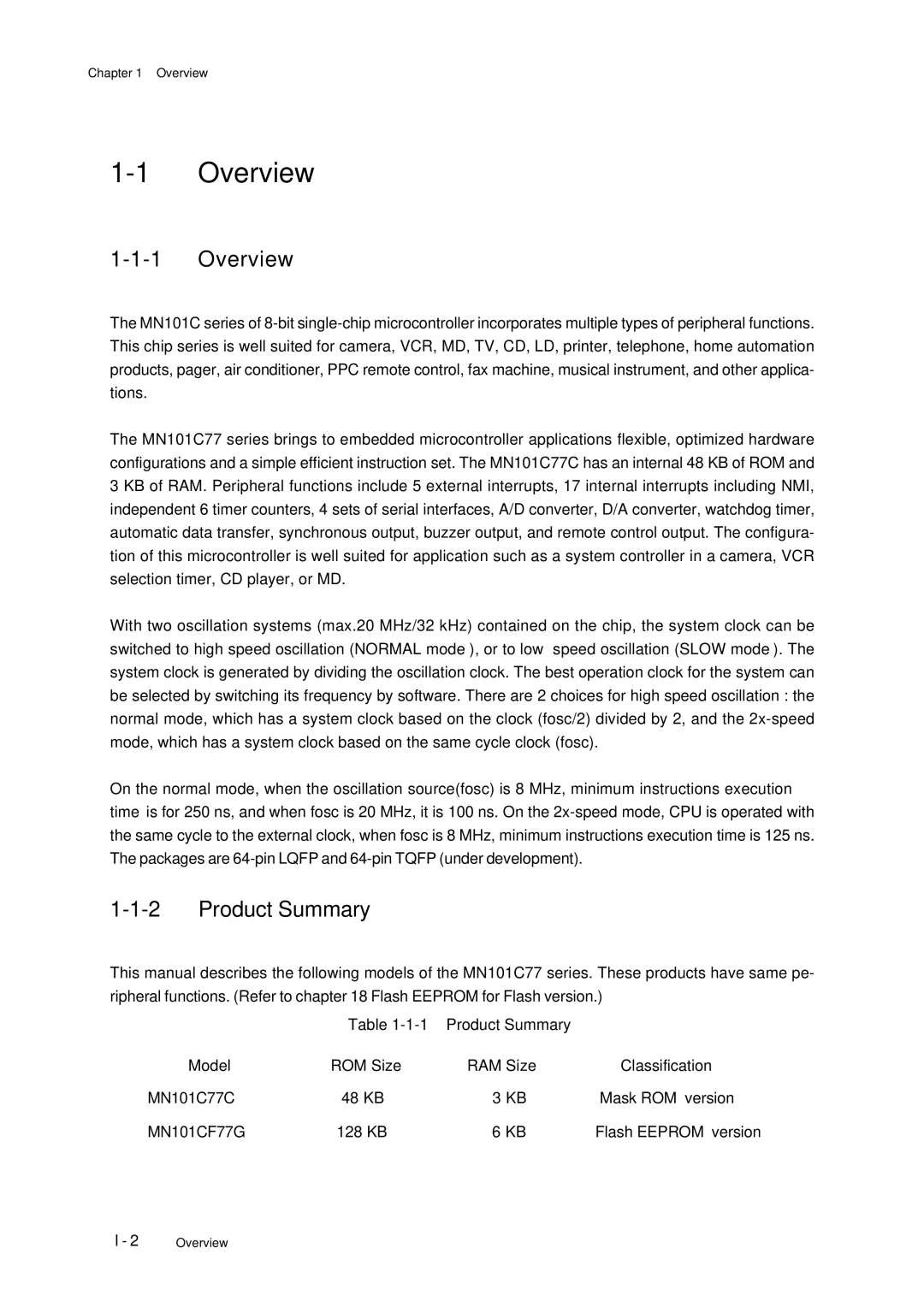 Panasonic MN101C77C, F77G user manual Overview, Product Summary 