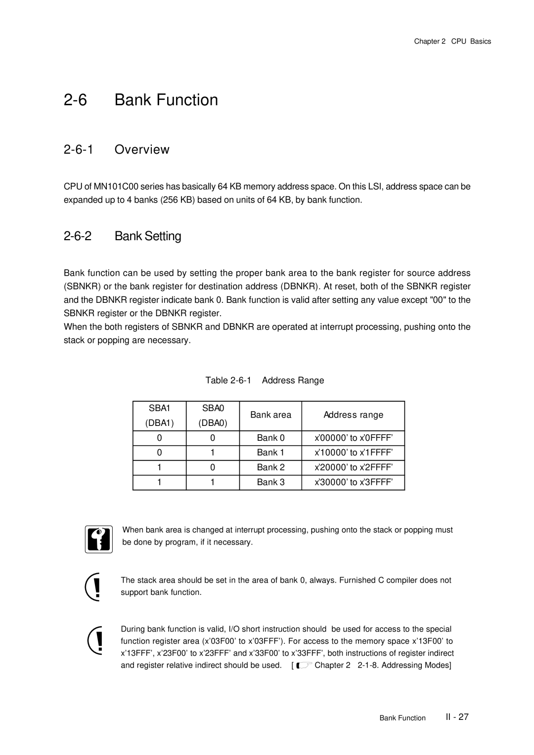 Panasonic F77G, MN101C77C user manual Bank Function, Bank Setting, Address Range, Bank area Address range DBA1 DBA0 