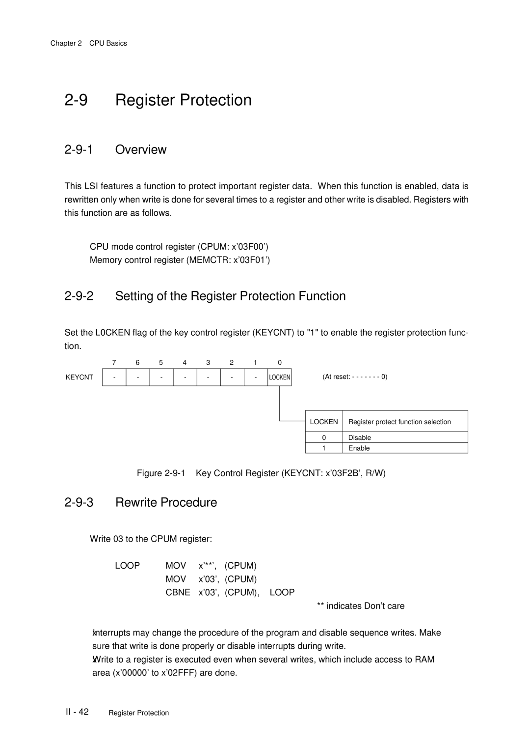 Panasonic MN101C77C, F77G user manual Setting of the Register Protection Function, Rewrite Procedure, Loop MOV, Cbne 