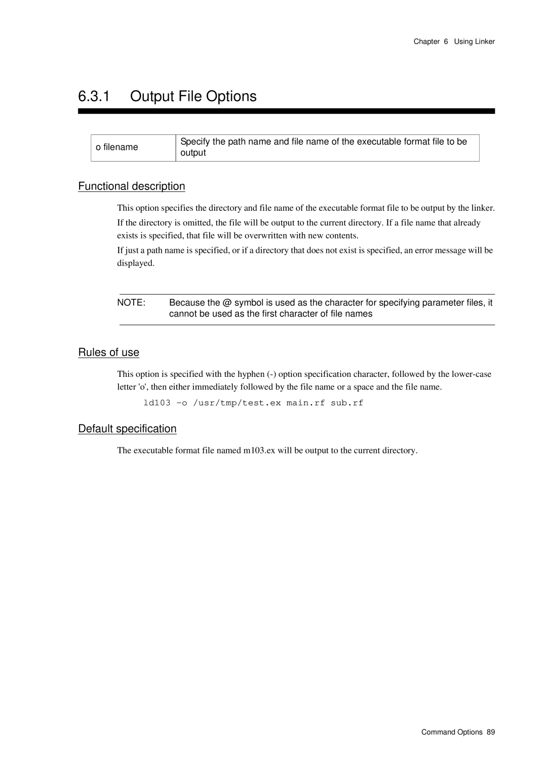 Panasonic MN1030 user manual Output File Options, Ld103 -o /usr/tmp/test.ex main.rf sub.rf 