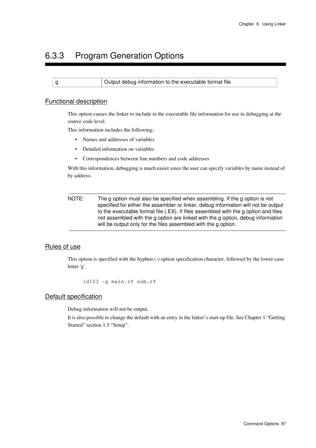 Panasonic MN1030 user manual Output debug information to the executable format file, Ld103 -g main.rf sub.rf 