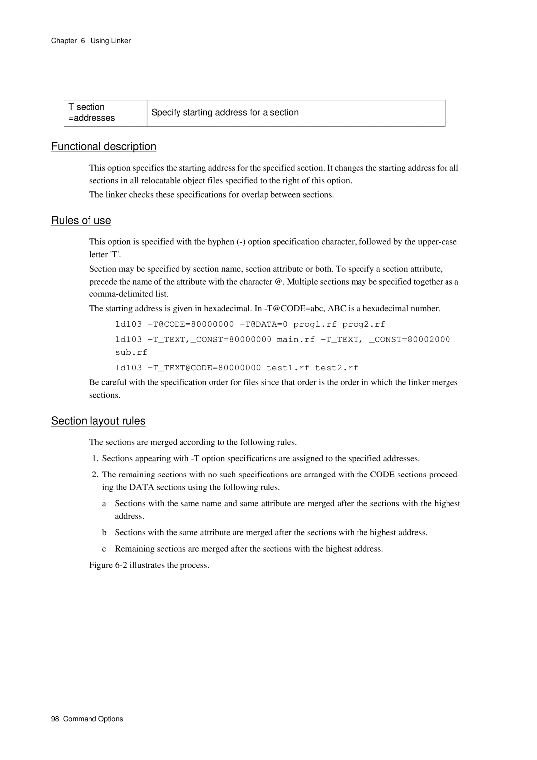 Panasonic MN1030 user manual Section layout rules, Section =addresses Specify starting address for a section 