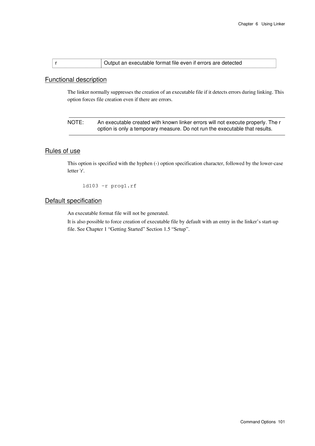 Panasonic MN1030 user manual Output an executable format file even if errors are detected, Ld103 -r prog1.rf 