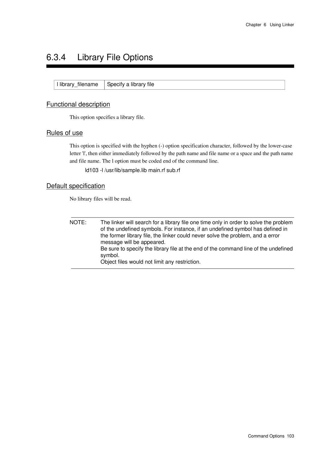 Panasonic MN1030 Library File Options, Libraryfilename Specify a library file, Ld103 -l /usr/lib/sample.lib main.rf sub.rf 