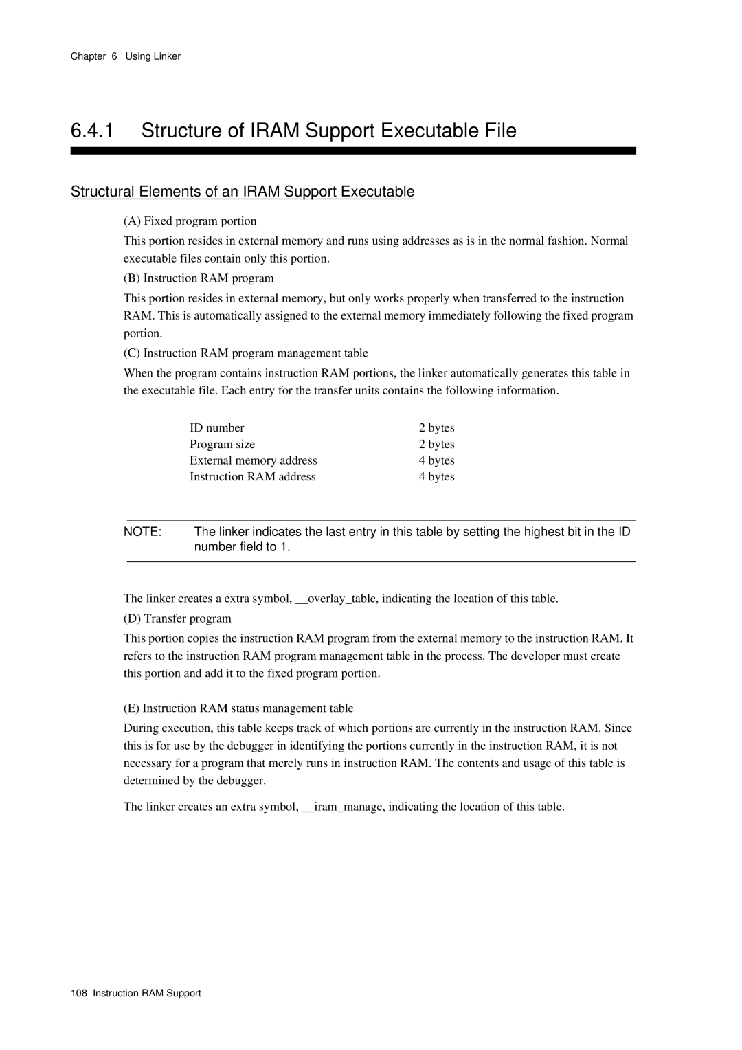 Panasonic MN1030 user manual Structure of Iram Support Executable File, Structural Elements of an Iram Support Executable 