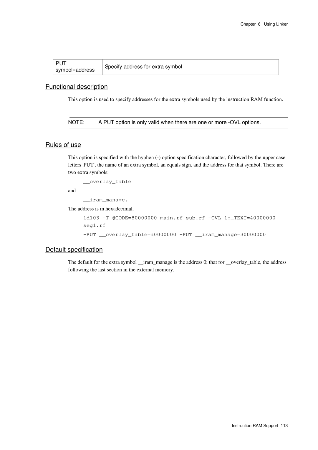 Panasonic MN1030 PUT symbol=address Specify address for extra symbol, Overlaytable Irammanage, Address is in hexadecimal 