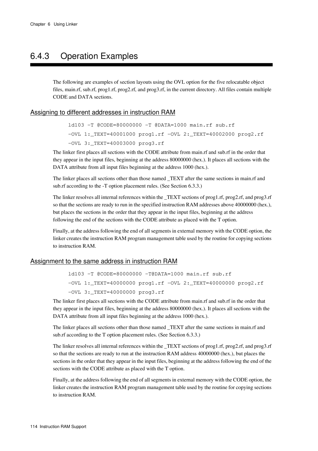 Panasonic MN1030 user manual Operation Examples, Assigning to different addresses in instruction RAM 