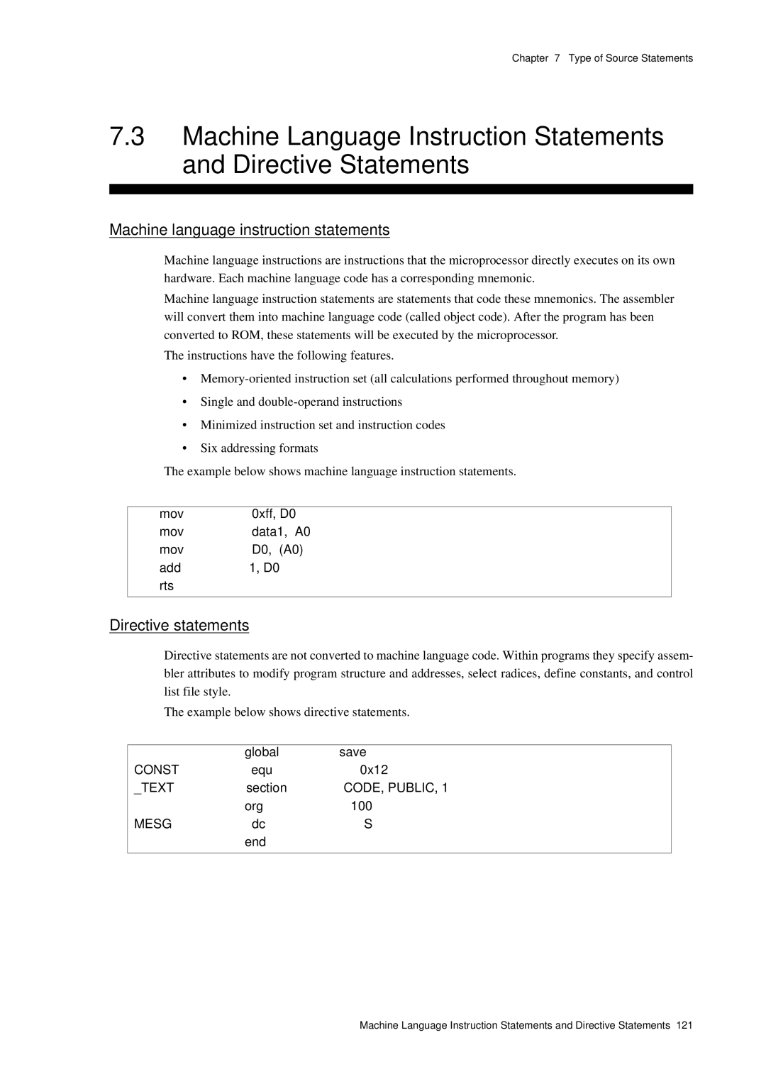 Panasonic MN1030 user manual Machine language instruction statements, Directive statements 